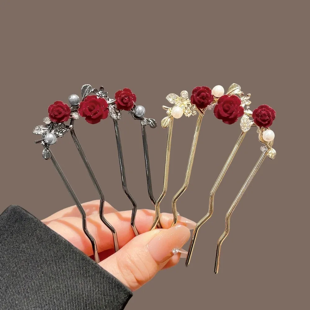 Red Velvet Rose Hair Pin Set with Pearls – Retro Gold & Black