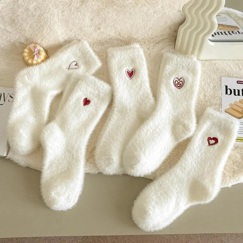 5-Pack Plush Heart Winter Socks for Women